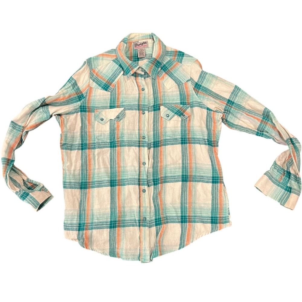 Wrangler Western Plaid‎ Long Sleeve Shirt Women's XL Turquoise Orange Snap Front